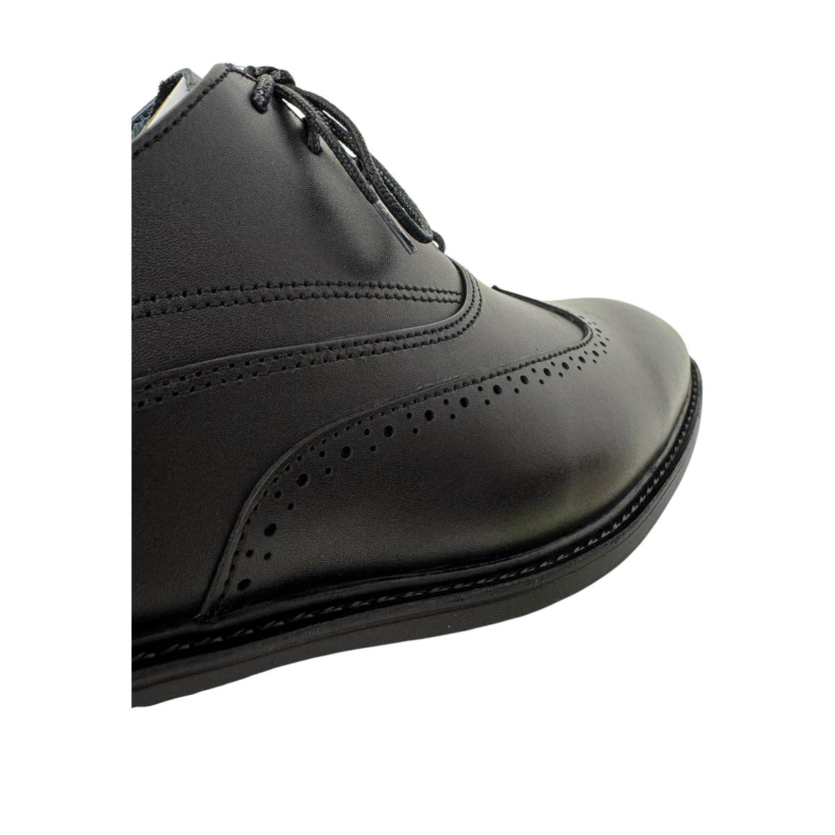 BORNA DRESSY black leather oxford shoes with brogue detailing and a durable rubber outsole. Photo of front side view.