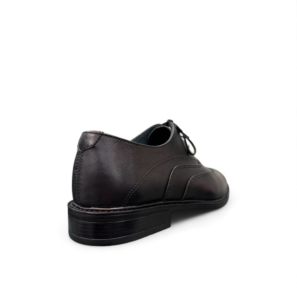 BORNA DRESSY black leather oxford shoes with brogue detailing and a durable rubber outsole. Photo of back side view.