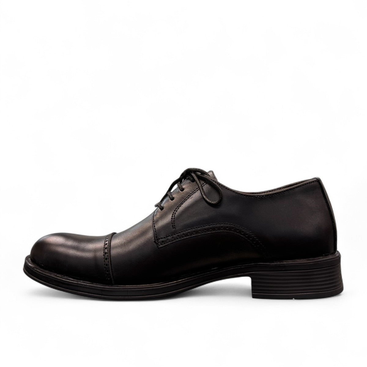 BORNA FASHAM black leather men's dress shoe with lace-up closure and durable rubber outsole. Photo of left side view.