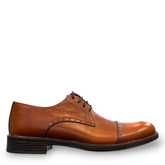 Borna Fasham brown leather shoe with cap toe detailing and a durable rubber outsole. Photo of right side view.