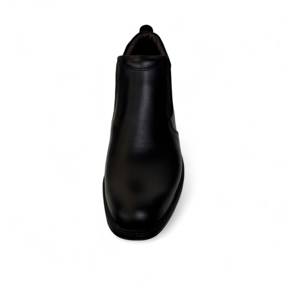 Borna Golestan black leather slip-on men's boots with a durable rubber outsole and side elastic panels. Photo of front view.