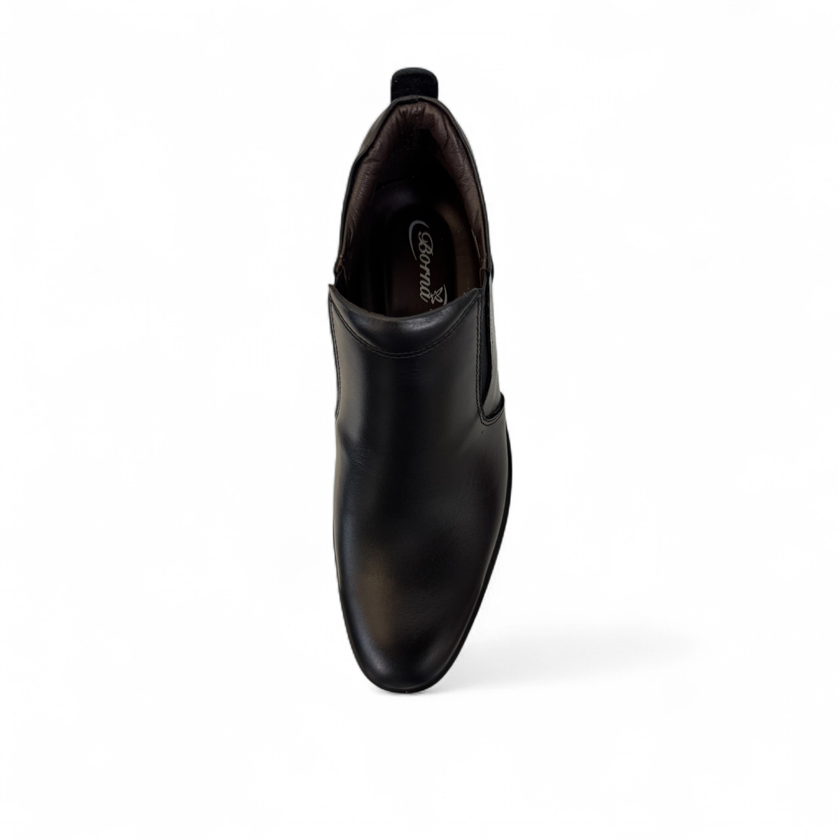 Borna Golestan black leather slip-on men's boots with a durable rubber outsole and side elastic panels. Photo of upper view.