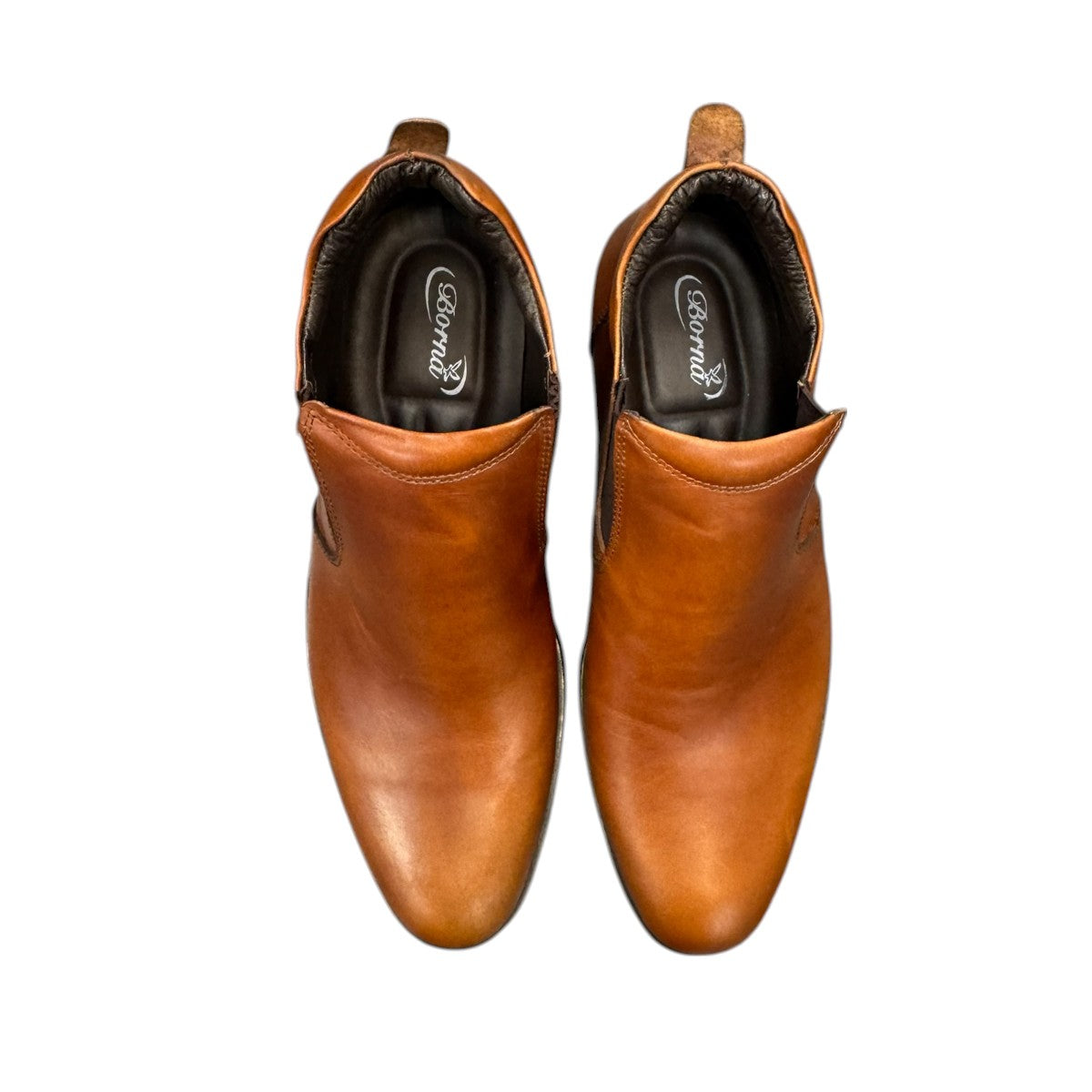BORNA GOLESTAN brown leather slip-on men's boots with elastic side panels and rubber outsole. Photo of upper view.