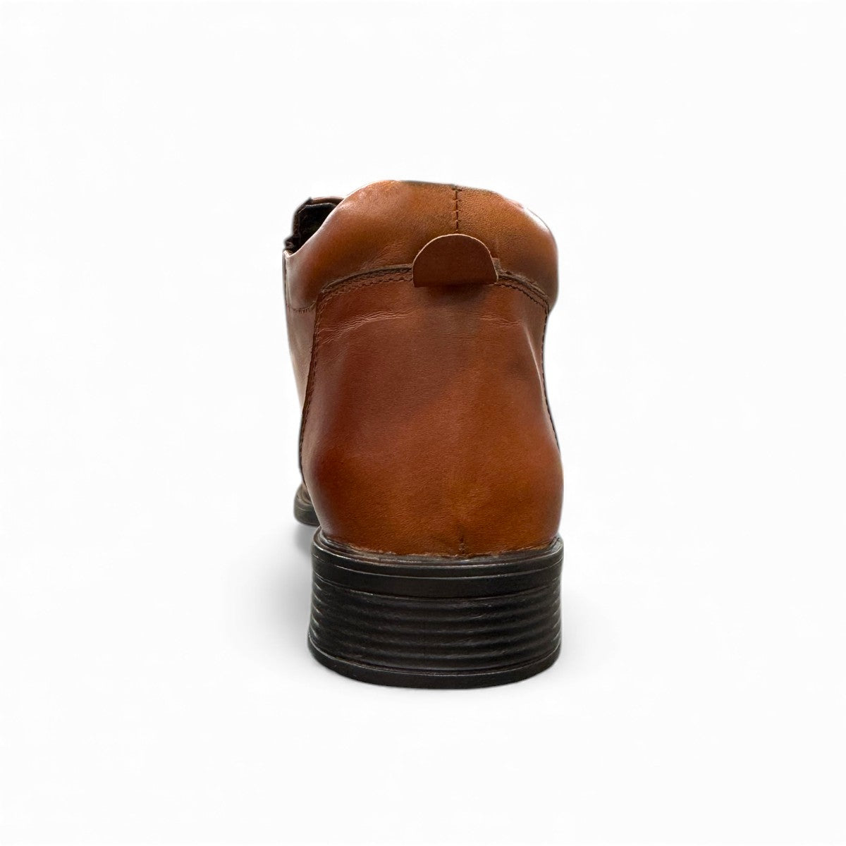 BORNA GOLESTAN brown leather slip-on men's boots with elastic side panels and rubber outsole. Photo of back view.
