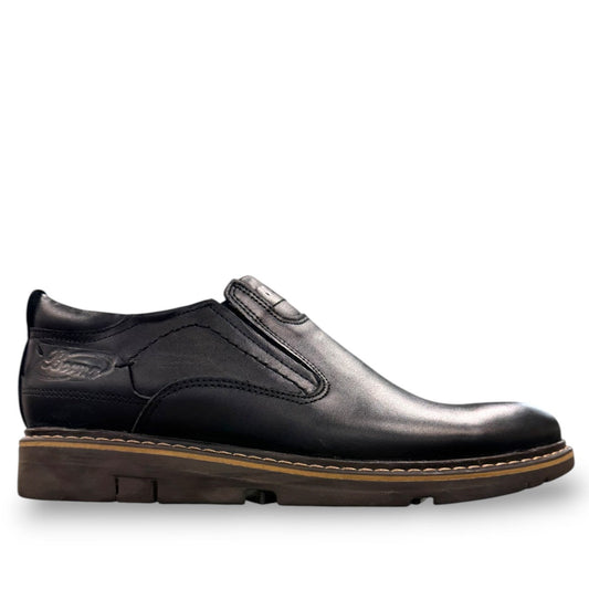 Borna Pardis black leather slip-on men's shoe with a durable rubber outsole and side branding. Photo of right side view.