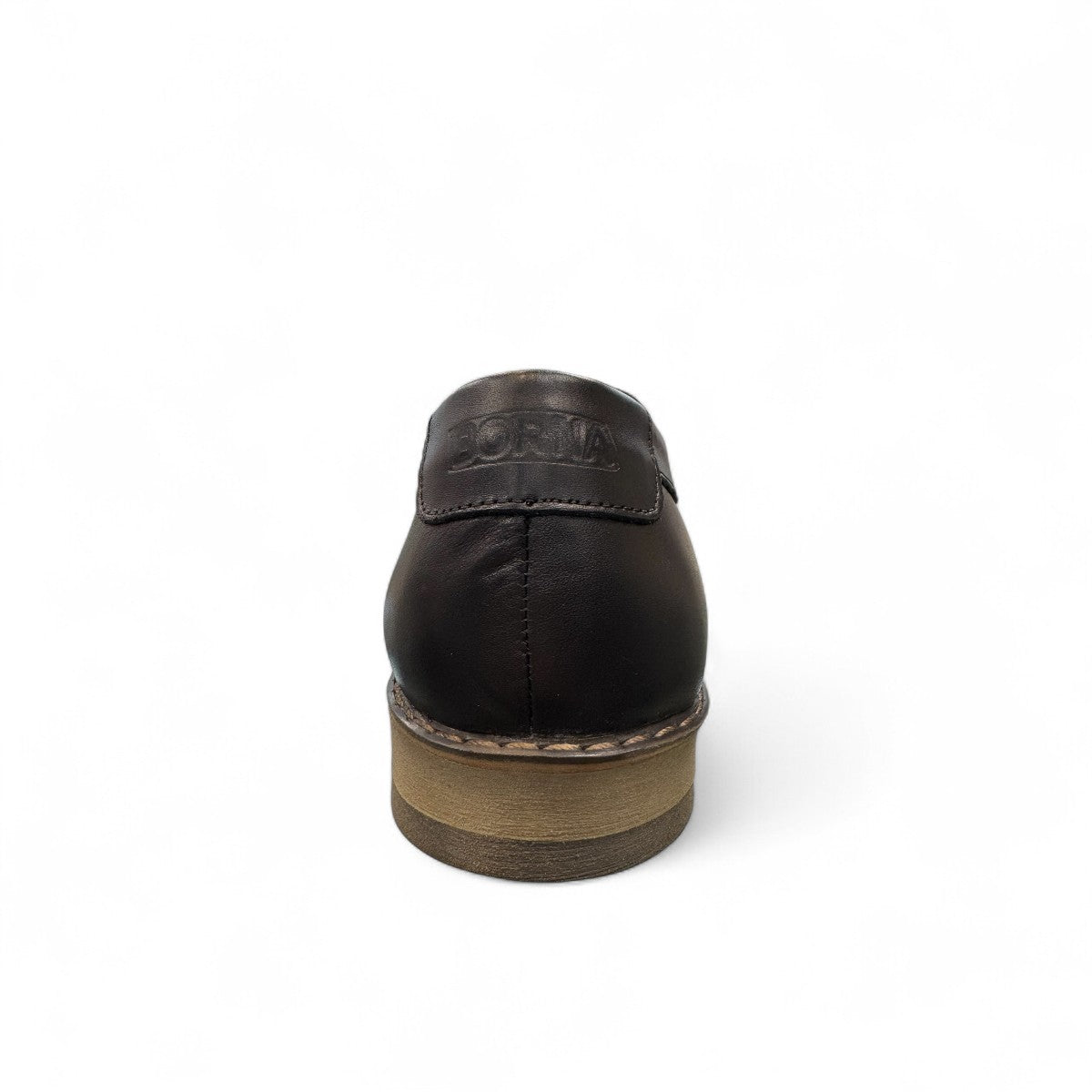 Borna Sadabad black leather slip-on men's shoes with a durable rubber outsole and minimalist design. Photo of back view.