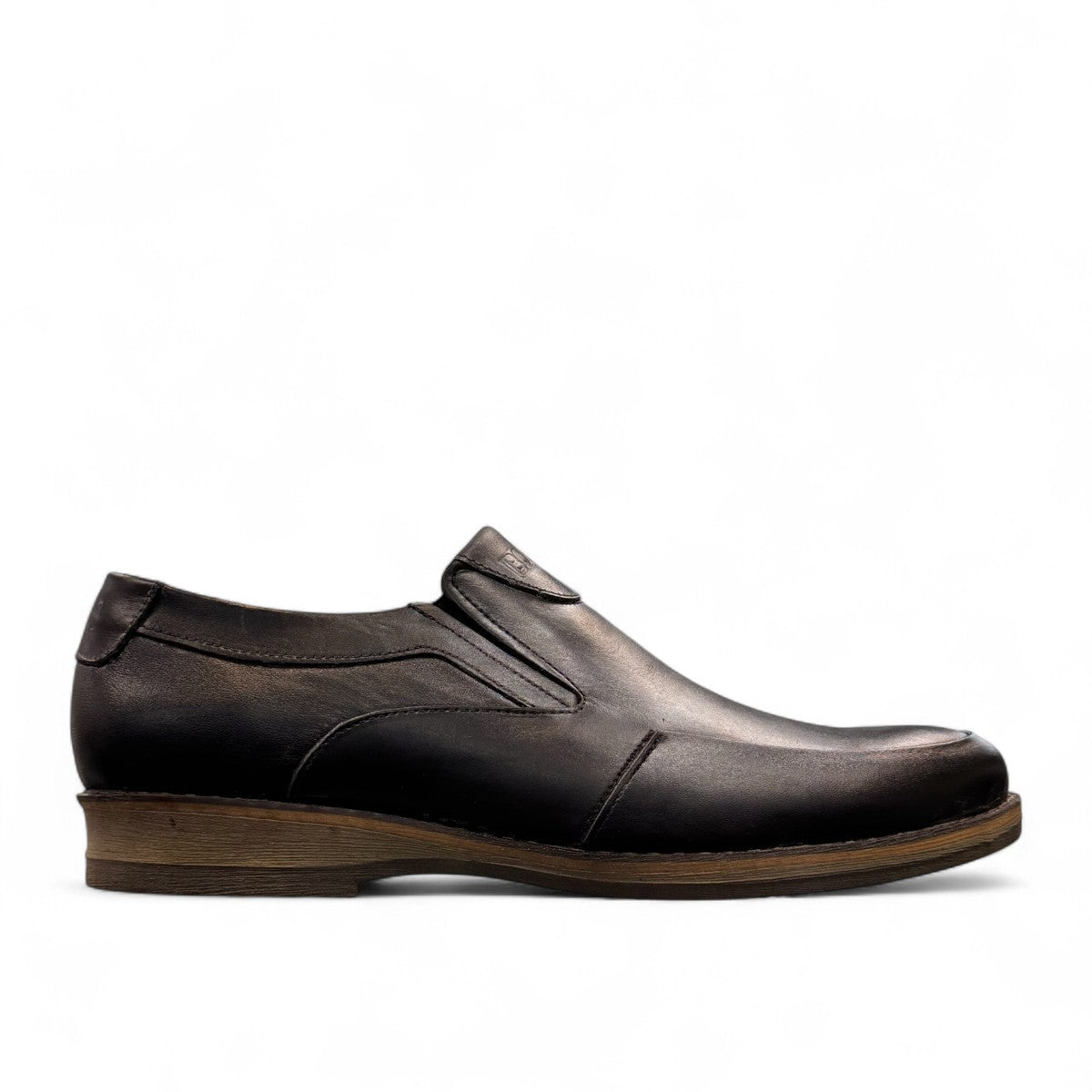 Borna Sadabad black leather slip-on men's shoes with a durable rubber outsole and minimalist design. Photo of right side view.