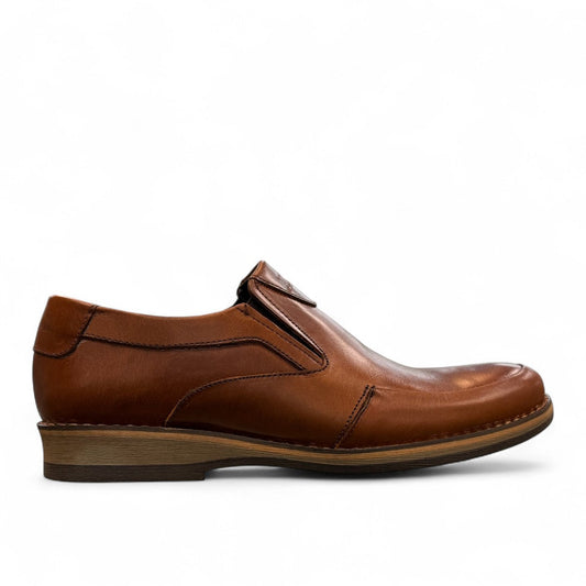 Borna Sadabad brown leather slip-on men's shoes with a rubber outsole and stitched detailing. Photo of right side view.