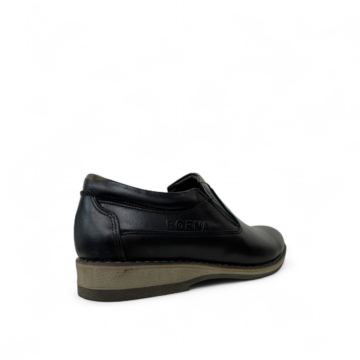 Borna Shams black leather slip-on men's shoe with a rubber outsole and embossed side logo. Photo of back side view.