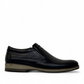 Borna Shams black leather slip-on men's shoe with a rubber outsole and embossed side logo. Photo of right side view.
