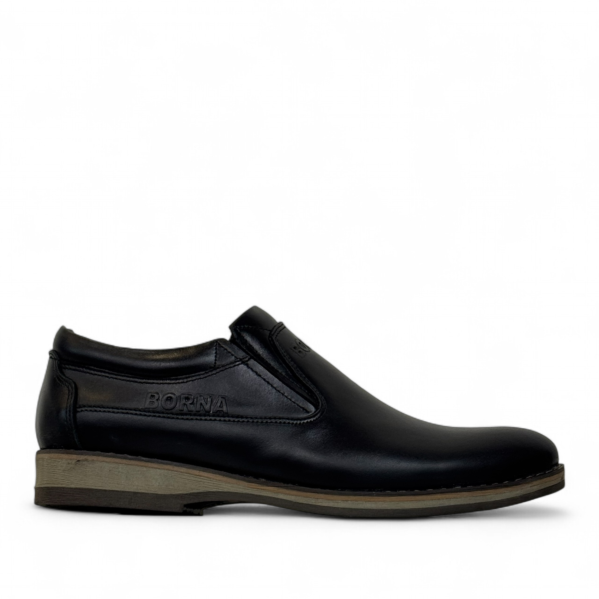 Borna Shams black leather slip-on men's shoe with a rubber outsole and embossed side logo. Photo of right side view.