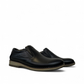 Borna Shams black leather slip-on men's shoe with a rubber outsole and embossed side logo. Photo of side views.