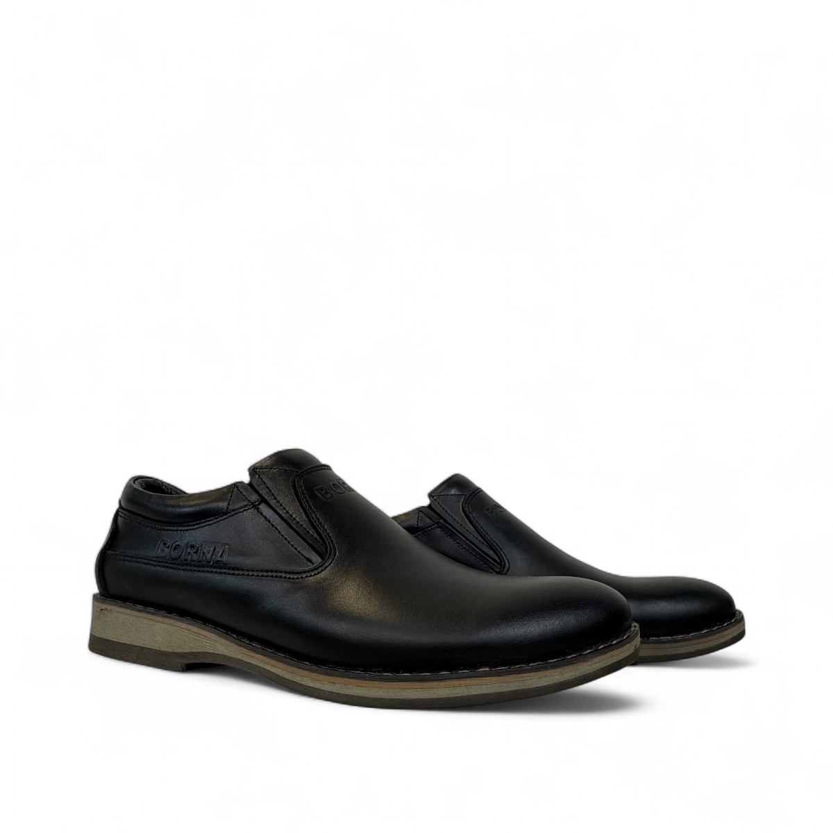 Borna Shams black leather slip-on men's shoe with a rubber outsole and embossed side logo. Photo of side views.
