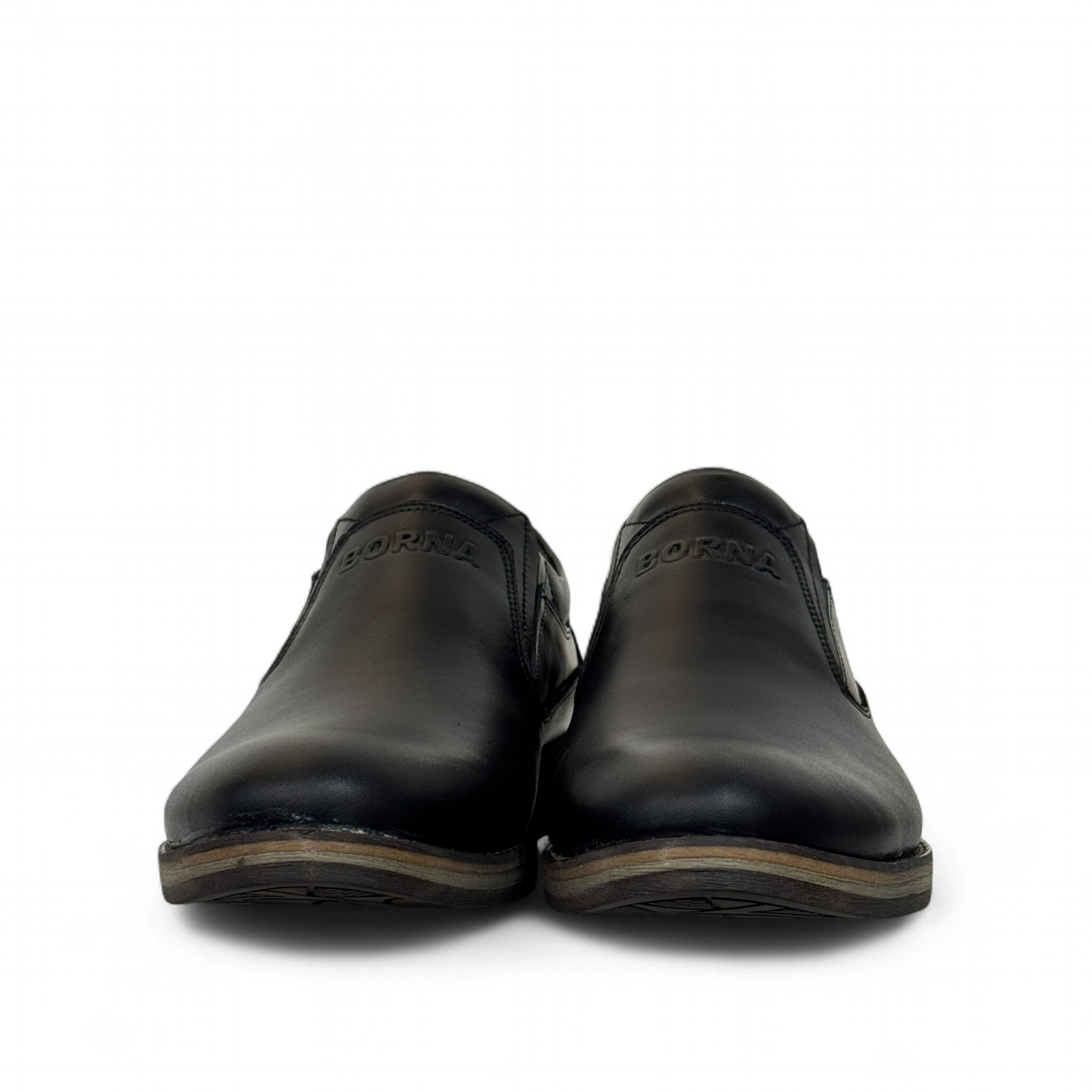 Borna Shams black leather slip-on men's shoe with a rubber outsole and embossed side logo. Photo of front view.