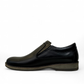 Borna Shams black leather slip-on men's shoe with a rubber outsole and embossed side logo. Photo of left side view.