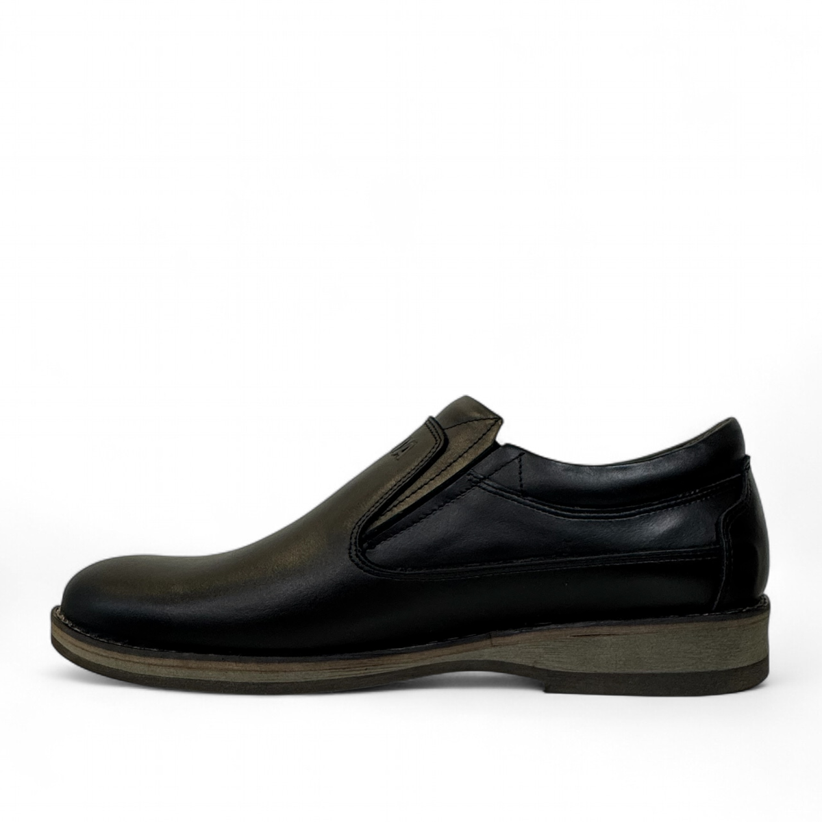 Borna Shams black leather slip-on men's shoe with a rubber outsole and embossed side logo. Photo of left side view.