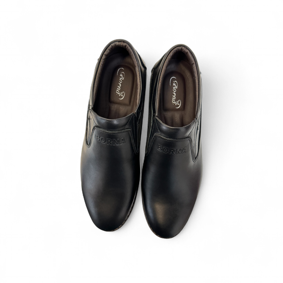 Borna Shams black leather slip-on men's shoe with a rubber outsole and embossed side logo. Photo of upper view.