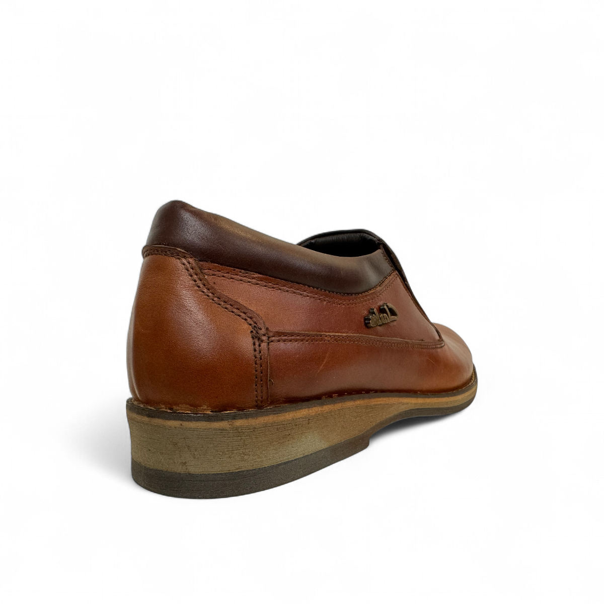 Borna Shams brown leather slip-on men's shoes with a rubber outsole and side branding detail. Photo of back side view.