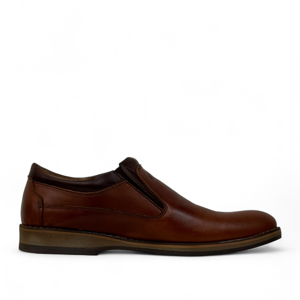 Borna Shams brown leather slip-on men's shoes with a rubber outsole and side branding detail. Photo of left side view.