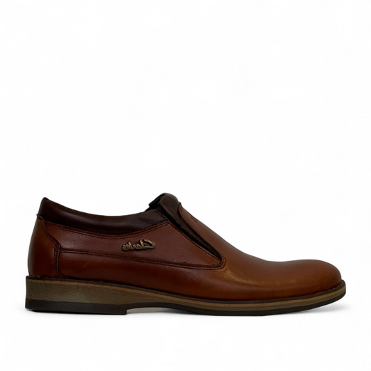 Borna Shams brown leather slip-on men's shoes with a rubber outsole and side branding detail. Photo of right side view.