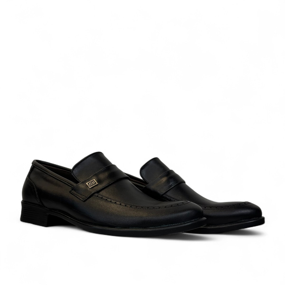 Borna Tajrish black leather loafers for men with a rubber outsole and metal detail. Photo of side views.