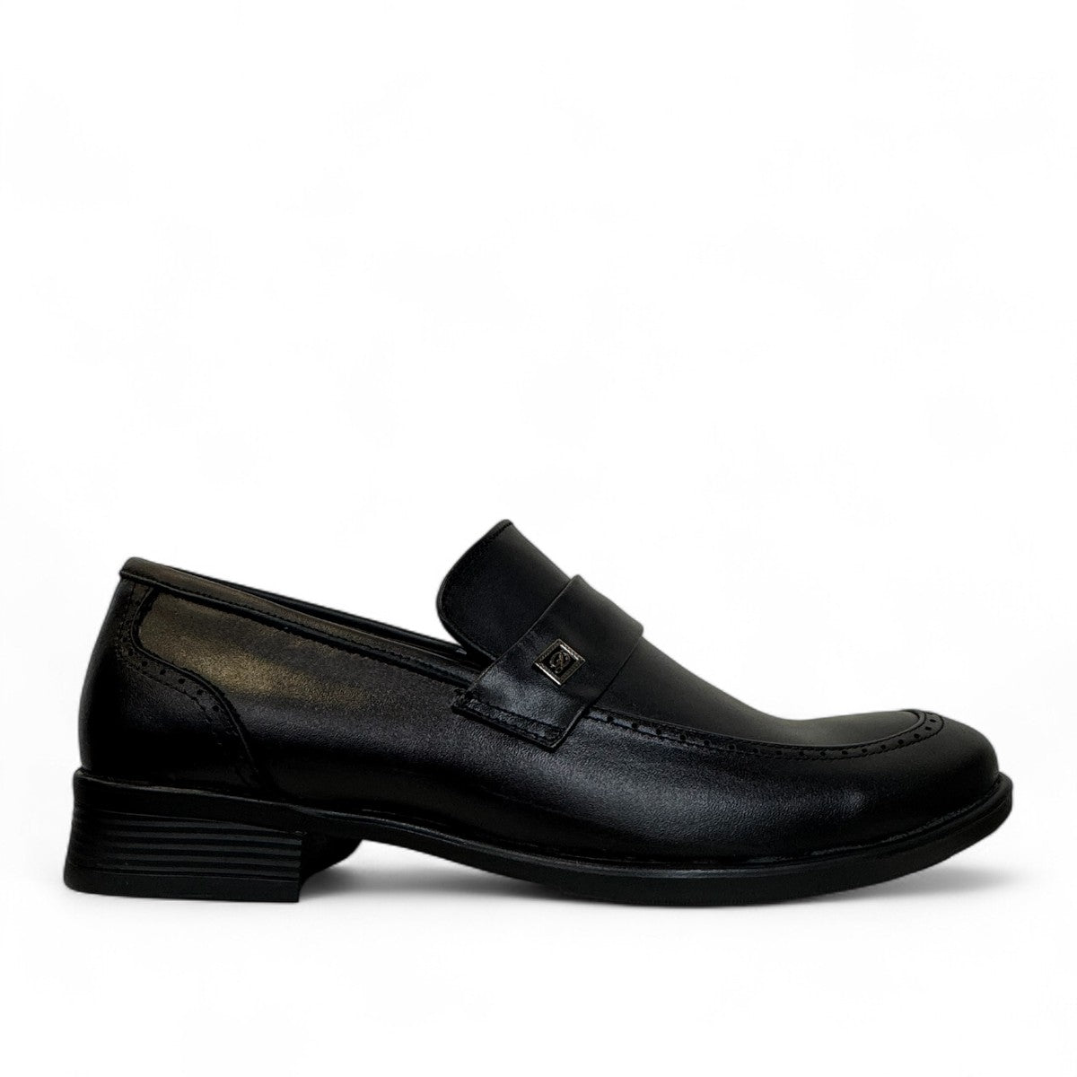 Borna Tajrish black leather loafers for men with a rubber outsole and metal detail. Photo of right side view.