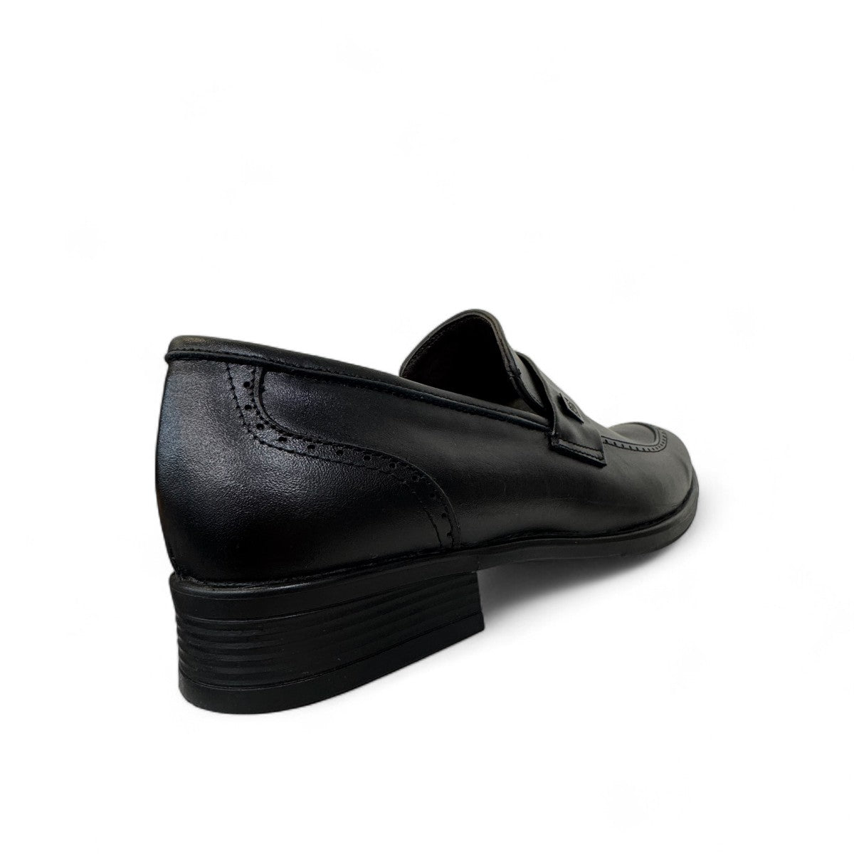 Borna Tajrish black leather loafers for men with a rubber outsole and metal detail. Photo of back side view.