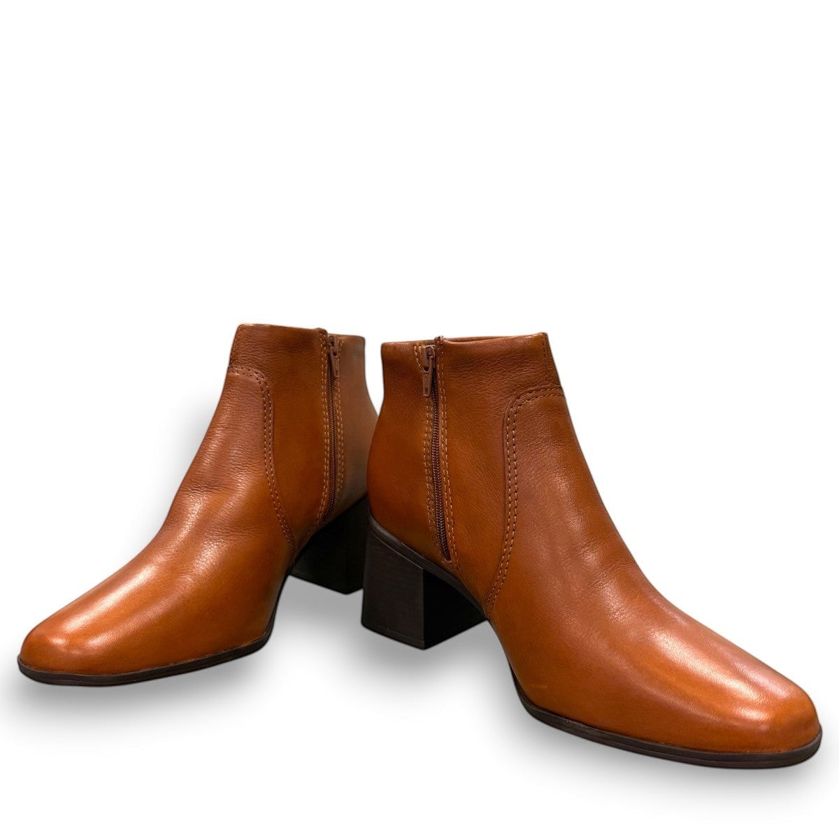 Bottero Aiden ankle boots in burnished cognac leather with a low block heel and side zipper detail.
