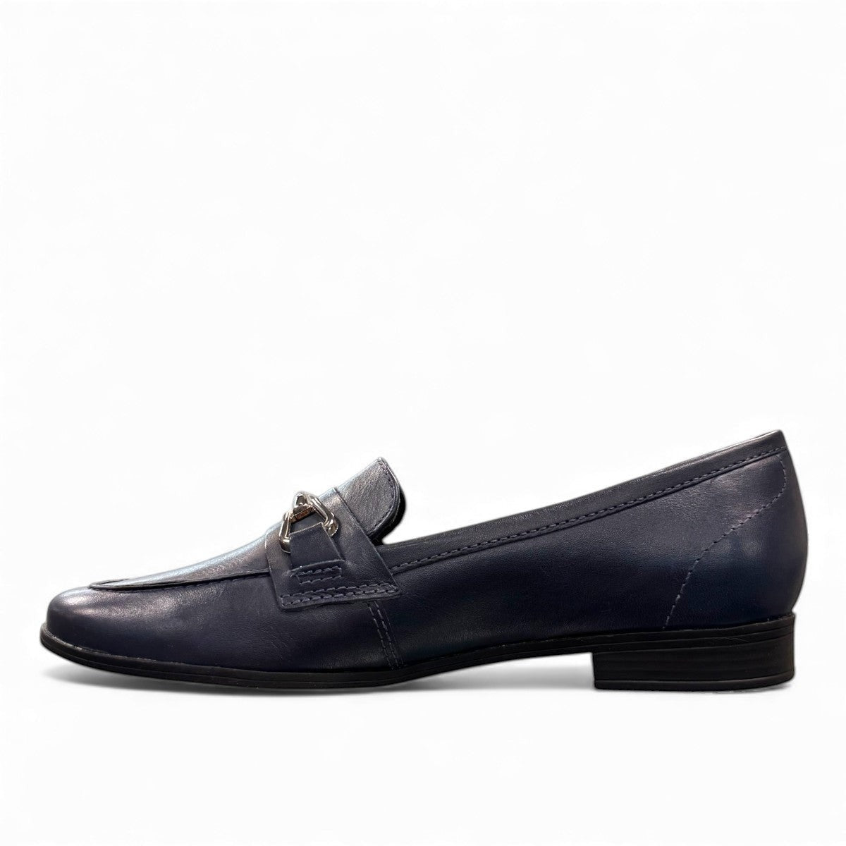 Bottero navy leather loafer with a metal horsebit detail and a low flat heel in a classic slip-on style