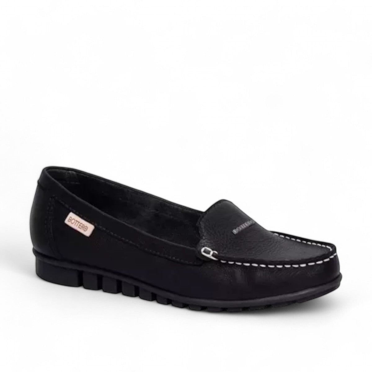 Bottero Emma black leather moccasin slip-on with textured finish and flexible rubber sole