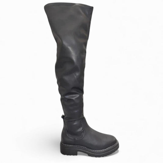 Bottero Luna black over-the-knee boot with a chunky lug sole and smooth synthetic leather finish
