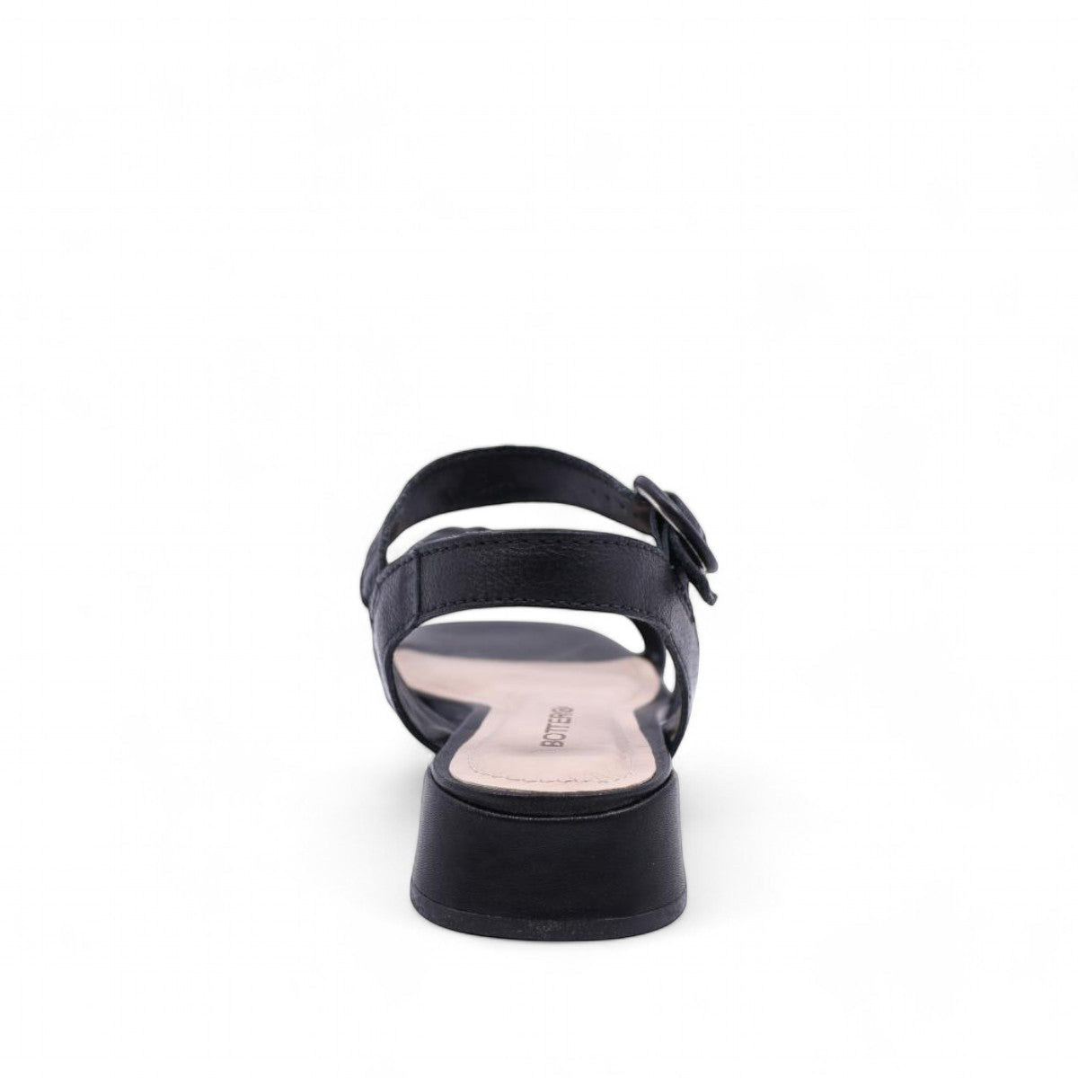 Bottero Nikki black leather sandal with a knotted front strap, adjustable buckle, and low block heel.