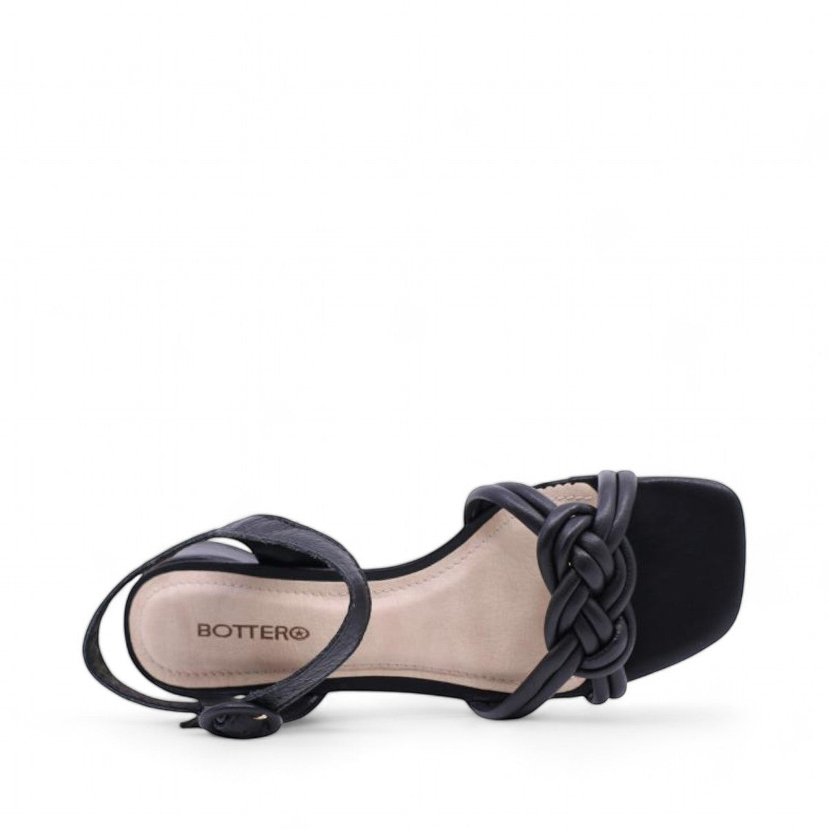 Bottero Nikki black leather sandal with a knotted front strap, adjustable buckle, and low block heel.