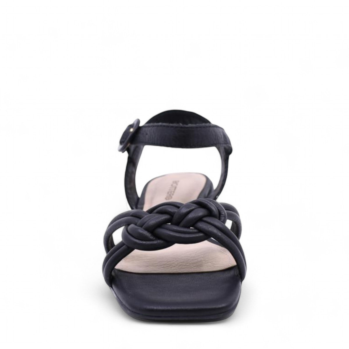 Bottero Nikki black leather sandal with a knotted front strap, adjustable buckle, and low block heel.