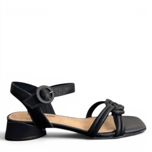 Bottero Nikki black leather sandal with a knotted front strap, adjustable buckle, and low block heel.