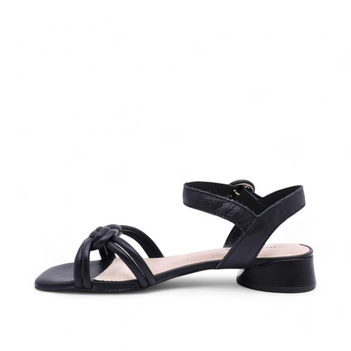 Bottero Nikki black leather sandal with a knotted front strap, adjustable buckle, and low block heel.