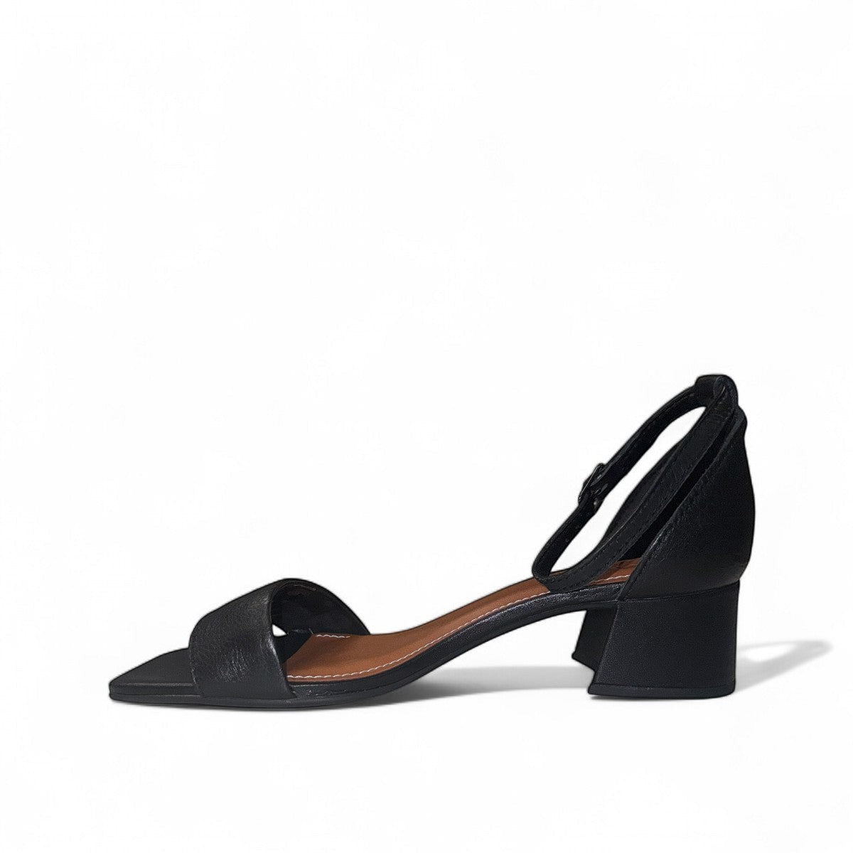 Bottero Qadir black leather sandals with a 7cm block heel and ankle buckle strap