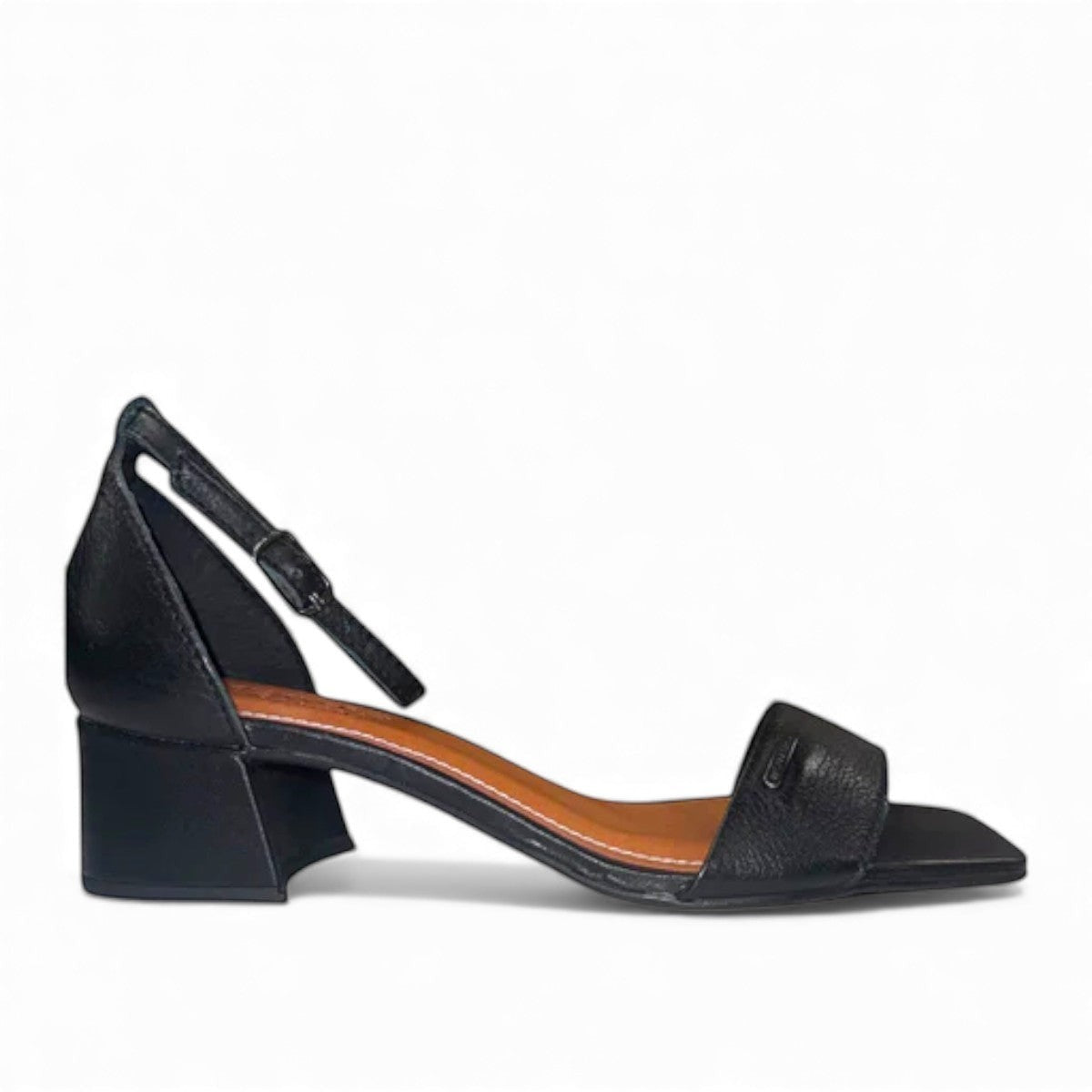 Bottero Qadir black leather sandals with a 7cm block heel and ankle buckle strap