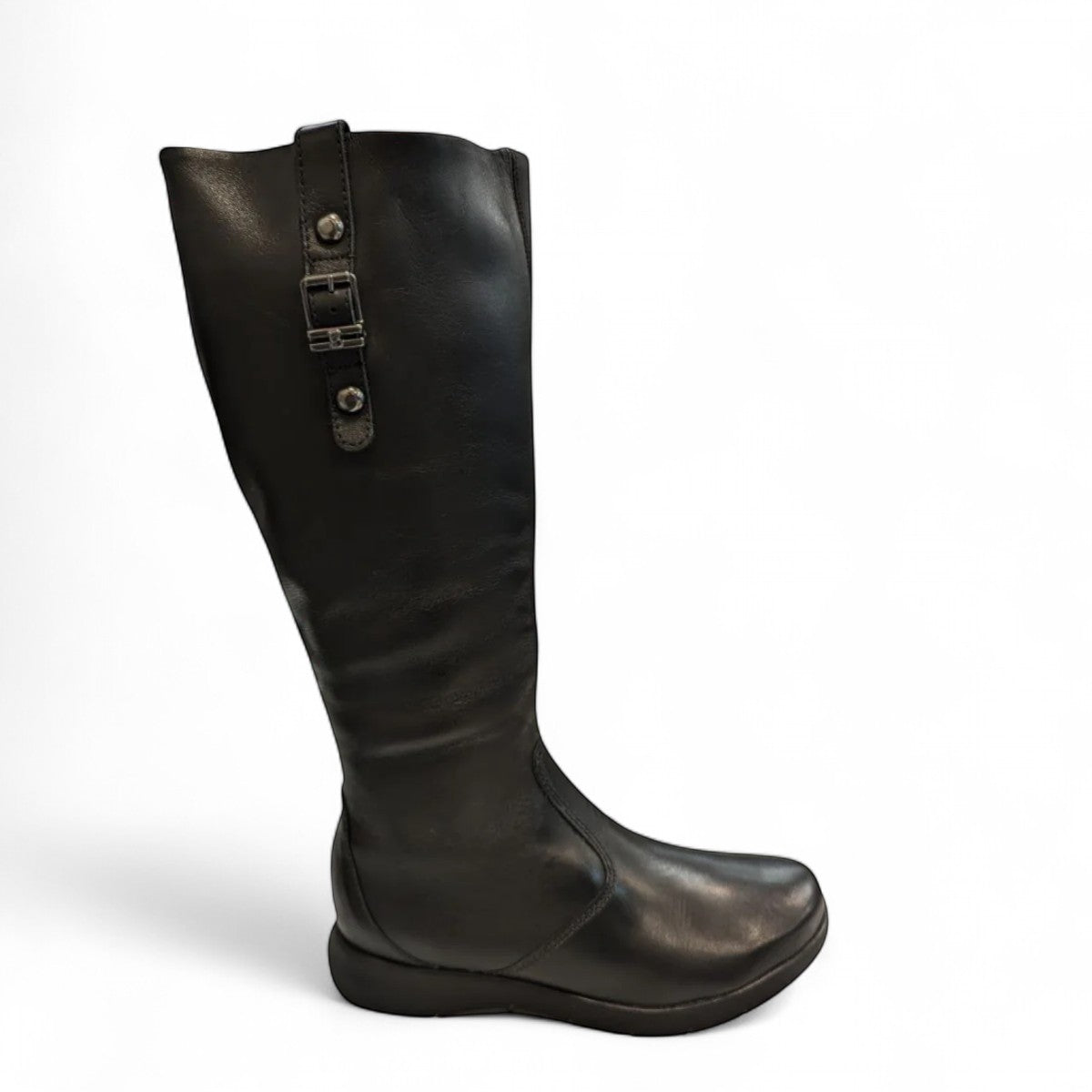Bottero Tyler knee-high black leather boot with a side buckle detail and low-profile rubber heel