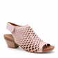 Bueno Lacey orchid pink leather sandal with a woven upper, hook and loop strap, and 2-inch block heel. Photo of front side view.