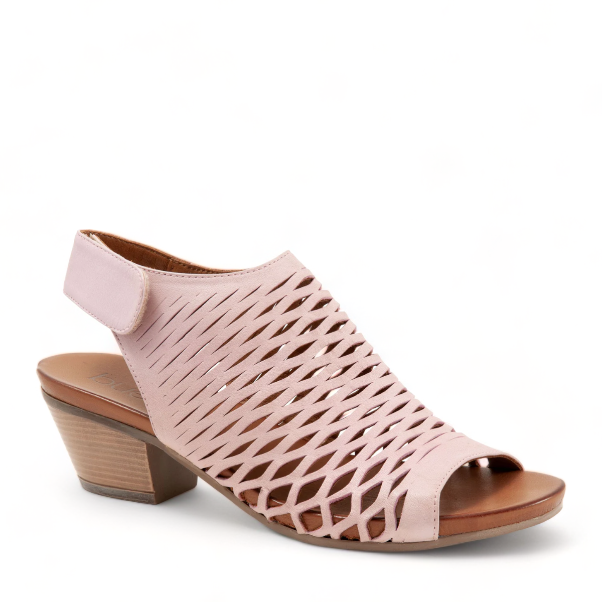 Bueno Lacey orchid pink leather sandal with a woven upper, hook and loop strap, and 2-inch block heel. Photo of front side view.