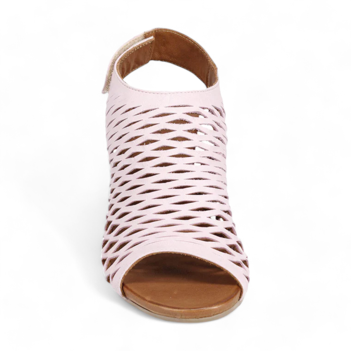 Bueno Lacey orchid pink leather sandal with a woven upper, hook and loop strap, and 2-inch block heel. Photo of front view.