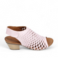 Bueno Lacey orchid pink leather sandal with a woven upper, hook and loop strap, and 2-inch block heel. Photo of right side view.