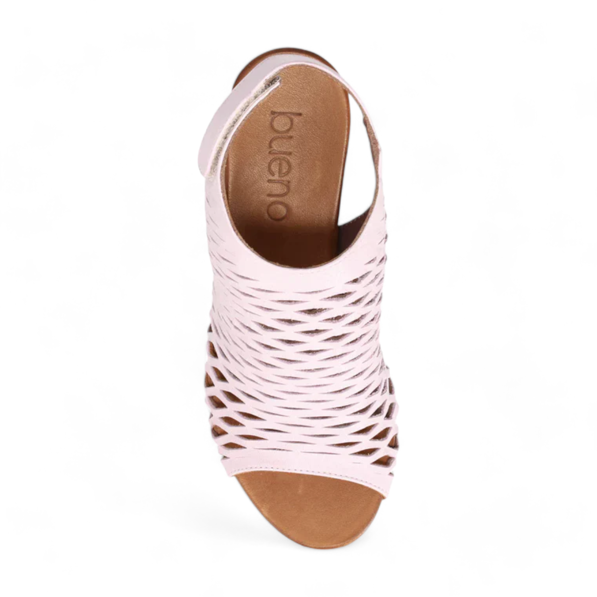 Bueno Lacey orchid pink leather sandal with a woven upper, hook and loop strap, and 2-inch block heel. Photo of upper view.