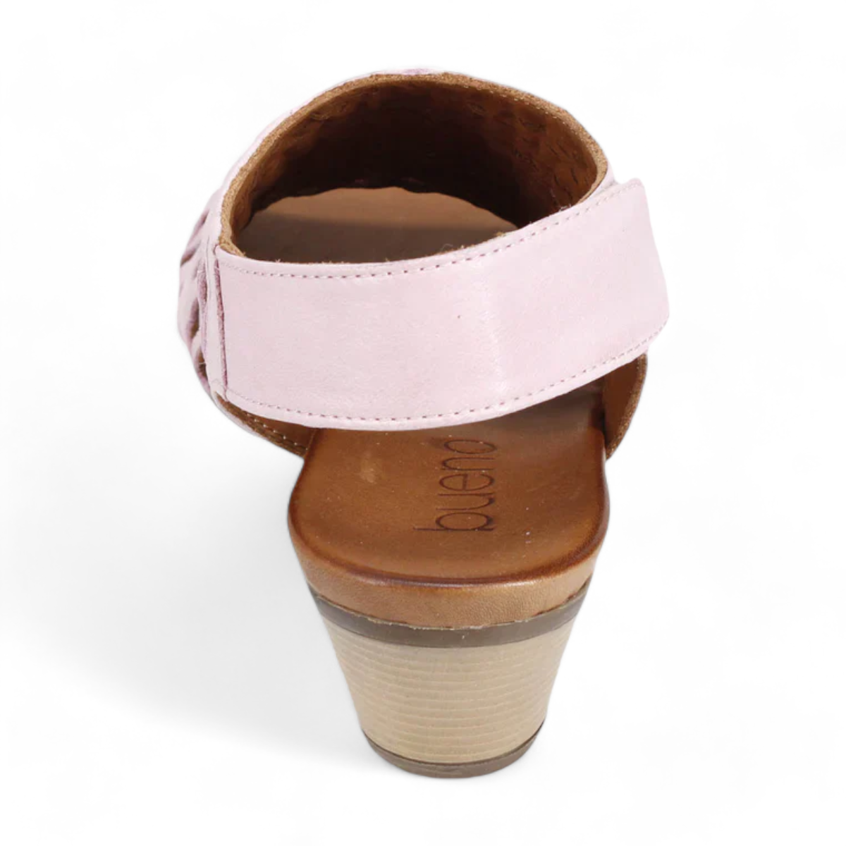 Bueno Lacey orchid pink leather sandal with a woven upper, hook and loop strap, and 2-inch block heel. Photo of back view.