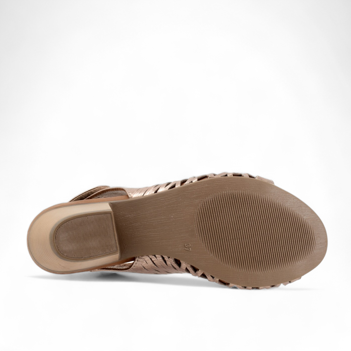 Bueno Lacey taupe metallic leather sandal with woven texture, hook and loop strap, and 2-inch block heel. Photo of bottom view.