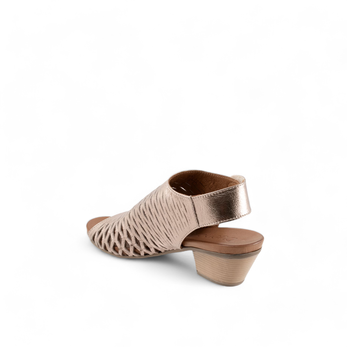 Bueno Lacey taupe metallic leather sandal with woven texture, hook and loop strap, and 2-inch block heel. Photo of back side view.