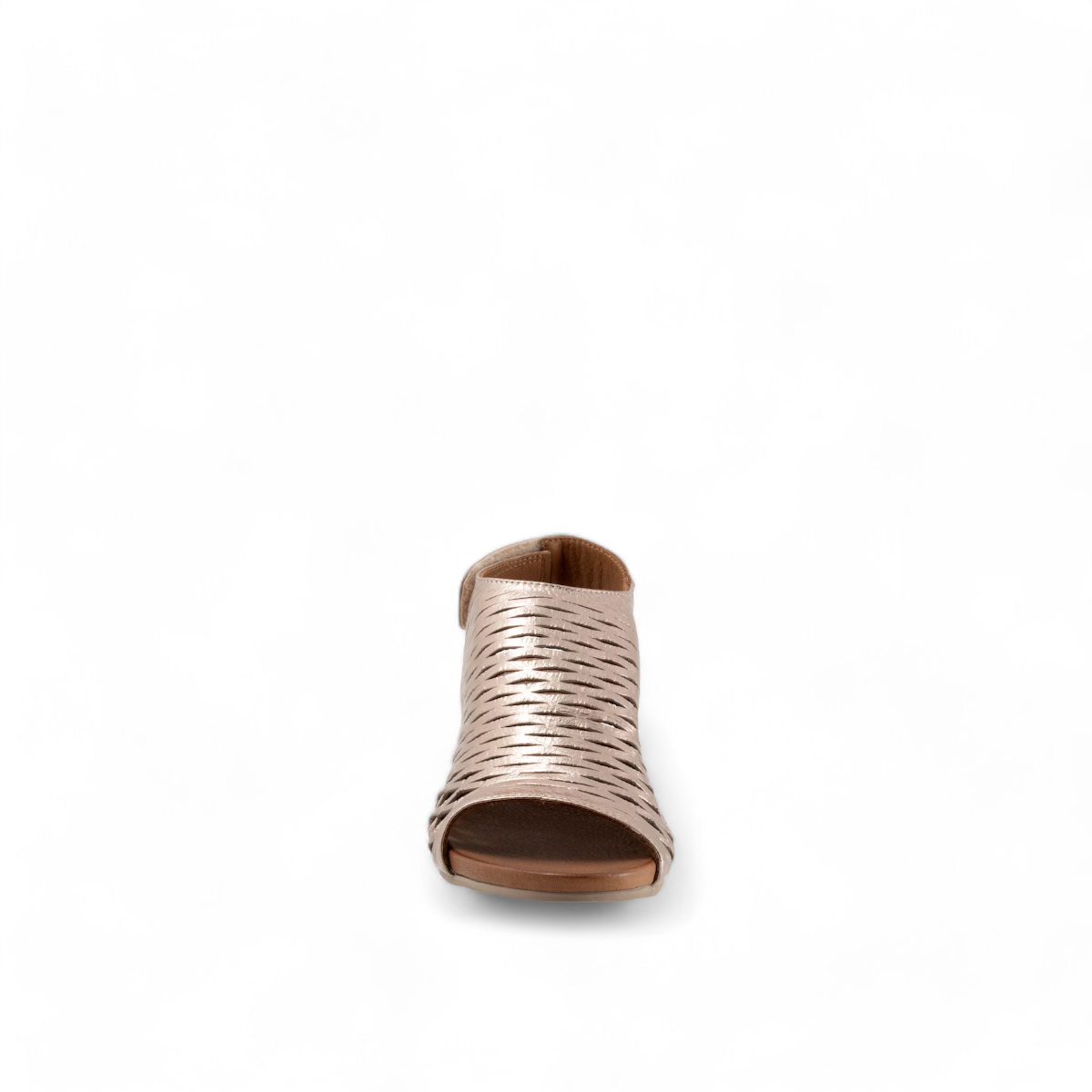 Bueno Lacey taupe metallic leather sandal with woven texture, hook and loop strap, and 2-inch block heel. Photo of front view.