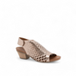 Bueno Lacey taupe metallic leather sandal with woven texture, hook and loop strap, and 2-inch block heel. Photo of front side view.