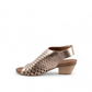Bueno Lacey taupe metallic leather sandal with woven texture, hook and loop strap, and 2-inch block heel. Photo of left side view.